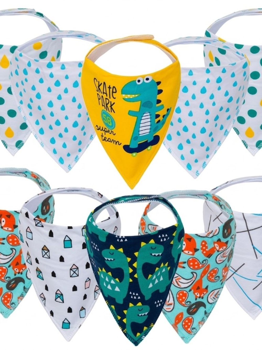 KaWaii Stylish Bandana Bib Scarfs for feeding teething drooling, 10-Pack Dino